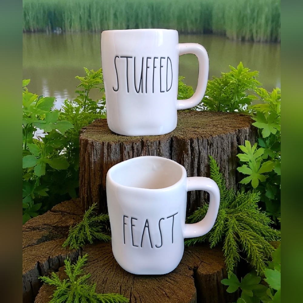 RAE DUNN by MAGENTA Artisan Collection "FEAST" and "STUFFED" 2 Mug Set